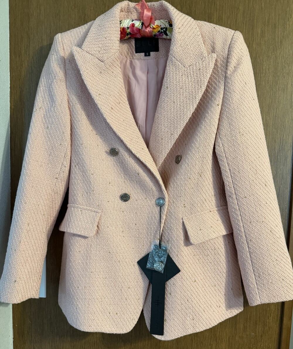 Mina Self pink NWT blazer gold buttons workwear business office corporate tweed